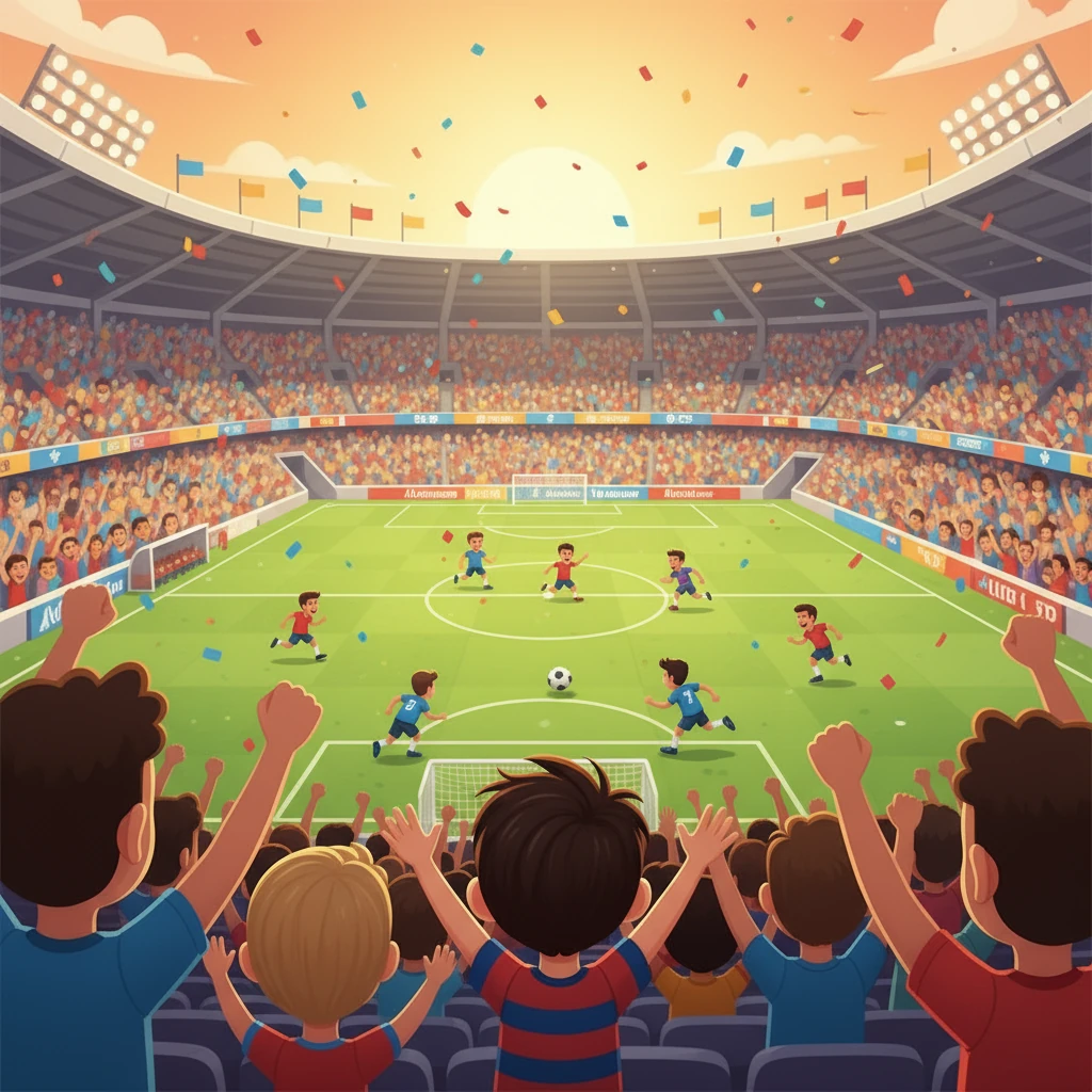 Perlawanan bermula, dan Azim terpegun melihat pemain-pemain berlari di atas padang. Dia bersorak bersama-sama orang ramai, teruja setiap kali pasukannya hampir menjaringkan gol. Dia belajar tentang semangat kesukanan dan kebersamaan.