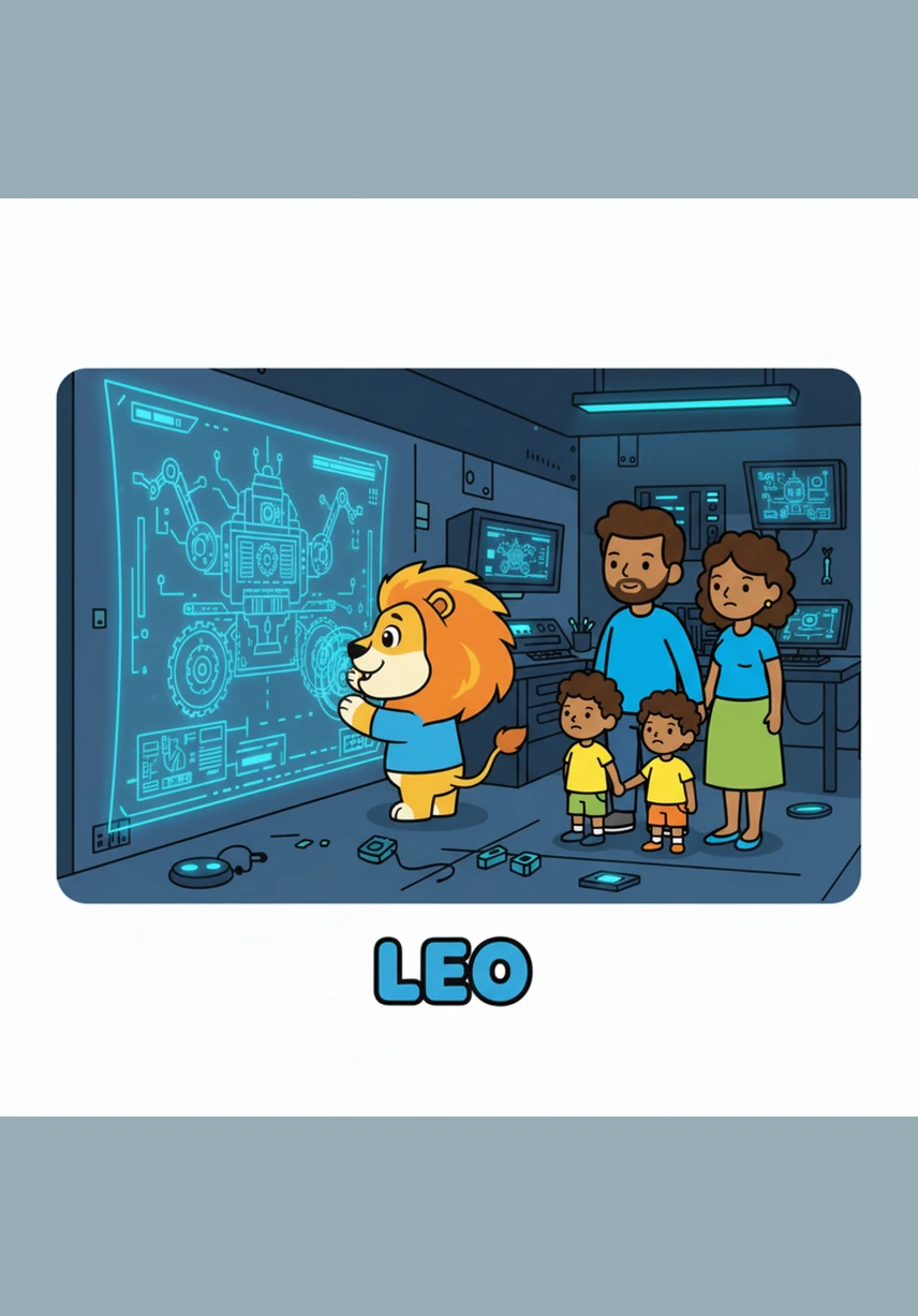 Leo stands before a giant digital blueprint, his eyes glowing with the reflection of a thousand possibilities. He holds a stylus like a magic wand, ready to sketch a transport system that flows like a river through the heart of the city.