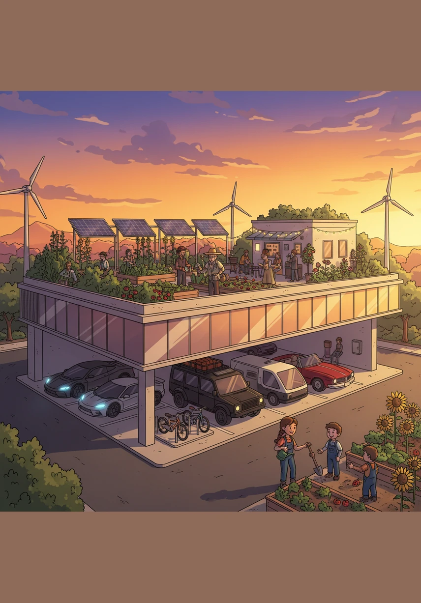 As the sun sets, the architectural masterpiece glows from within, highlighting the clean lines and modern materials of the stylobate's facade. It is no longer just a parking structure, but a vital part of the city's aesthetic beauty.