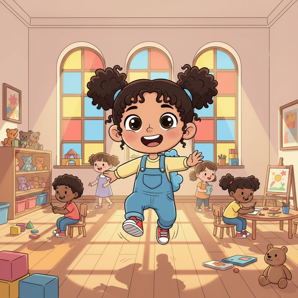 Mariam bounces into the vibrant kindergarten classroom, her pigtails flying with excitement. Bright sunbeams stream through colorful windows, illuminating playful toys and friendly faces. She can't wait to explore all the wonderful things awaiting her new adventure.