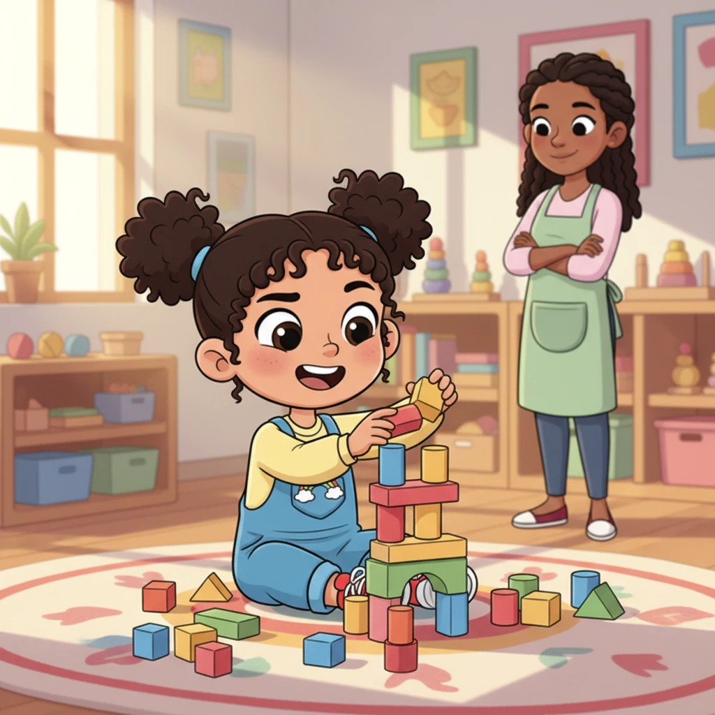 With a concentrated giggle, Mariam carefully stacks smooth wooden blocks, building a towering castle in the Montessori corner. Her little hands precisely place each piece, learning about balance and shapes. Her teacher smiles nearby, admiring Mariam's focus and determination.