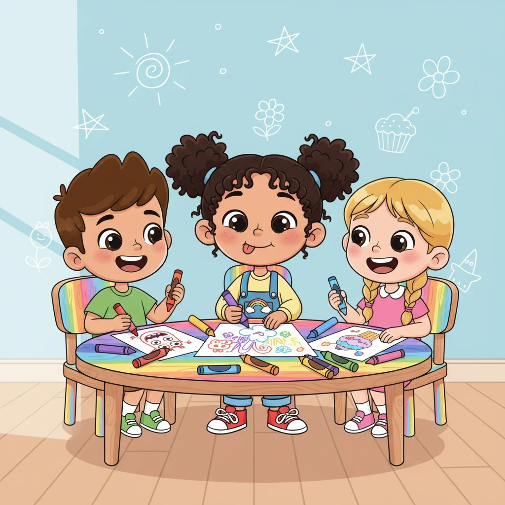 Mariam sits at a rainbow-colored table, her tongue sticking out slightly as she adds a bright purple cloud to her drawing. Her best friends, Leo and Lily, giggle beside her, drawing their own fantastic creations. Together, they fill their papers with an explosion of joyful colors and silly shapes.