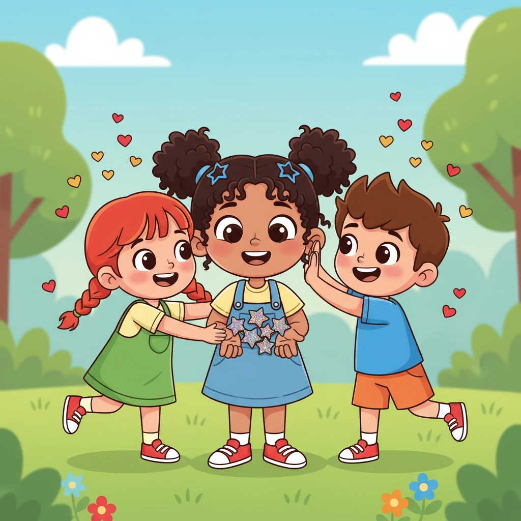 With a shy but happy grin, Mariam presents her friends with tiny, handmade paper stars, each one sparkling with glitter. Lily gives her a big hug, and Leo high-fives her, their faces beaming with appreciation. Sharing joy with her friends makes Mariam's heart feel warm and fuzzy.