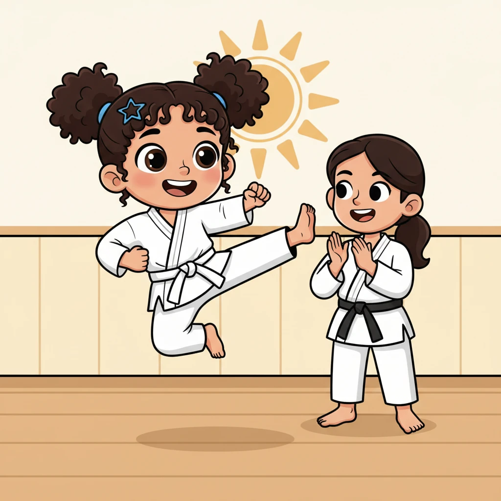 In her crisp white gi, Mariam practices her karate kicks, her tiny foot shooting out with surprising power. She grins widely as her instructor cheers her on, encouraging her to be strong and focused. Learning karate makes Mariam feel brave and confident.