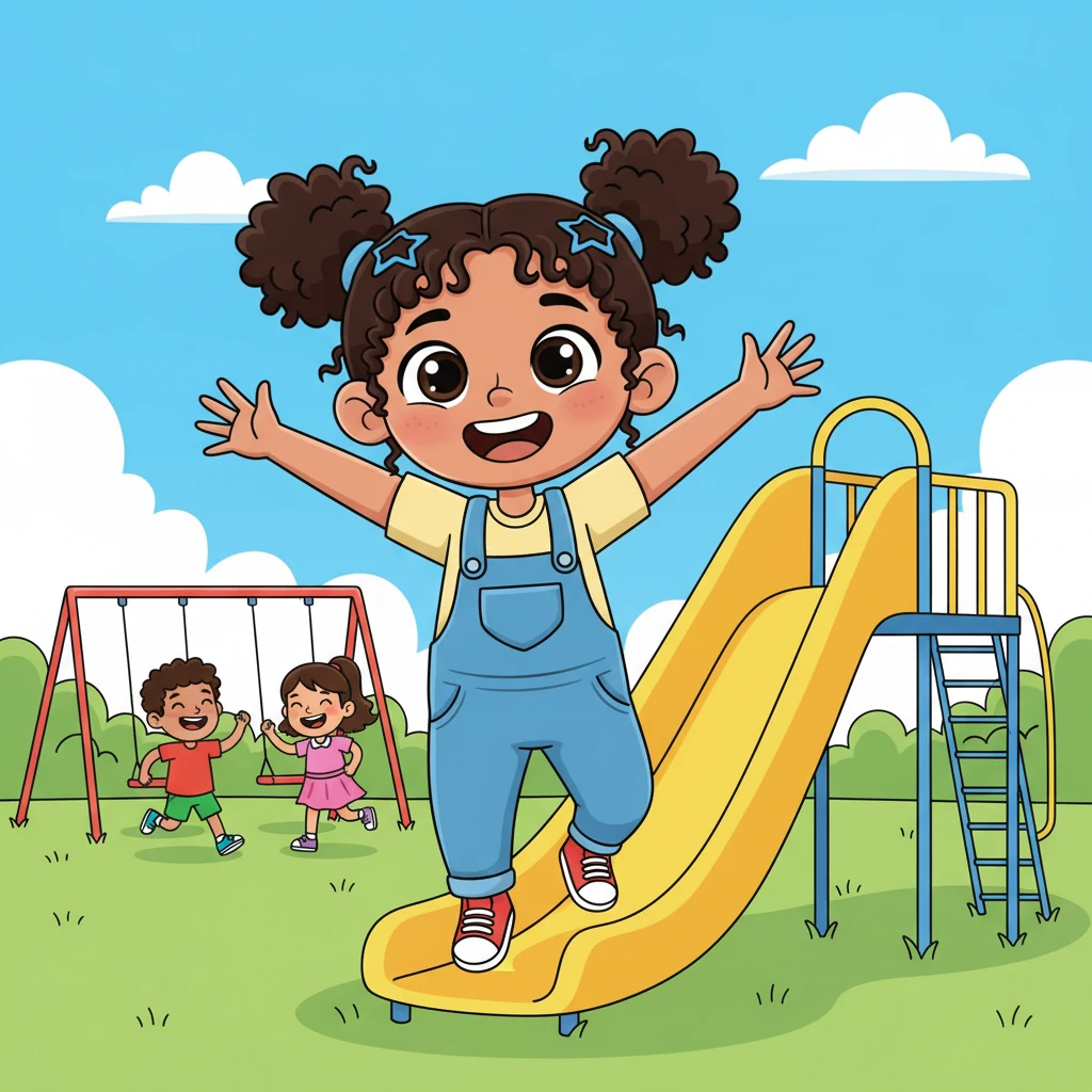 Out on the sunny playground, Mariam zips down a twisty slide, landing with a happy bounce, her arms wide like a superhero. She then races her friends to the swing set, their laughter echoing through the air. Playing outside with her friends is Mariam's favorite way to burn off energy.