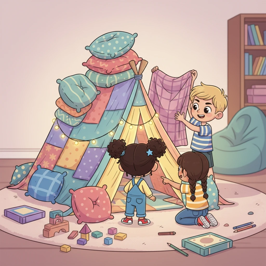Mariam and her friends work together to build a magnificent fort out of blankets and cushions, planning each wall and roof with serious faces. They cooperate beautifully, sharing ideas and helping each other connect the pieces. Their finished fort is the perfect secret hideaway for giggles and whispers.