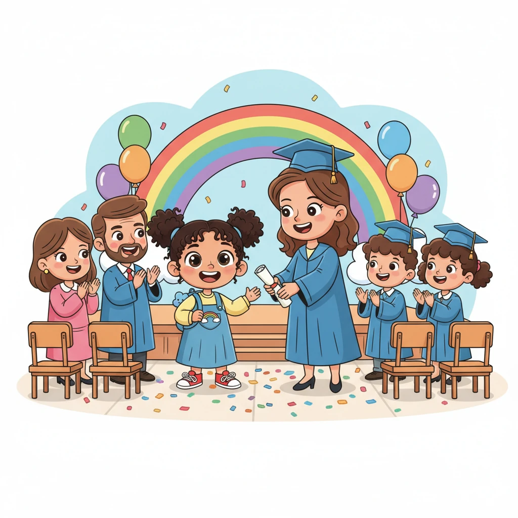 On graduation day, Mariam stands tall and proud in her little cap and gown, beaming as her teacher hands her a special certificate. Her parents cheer from the audience, and her friends clap beside her. Mariam knows she's ready for new adventures, carrying all the wonderful memories of kindergarten in her heart.