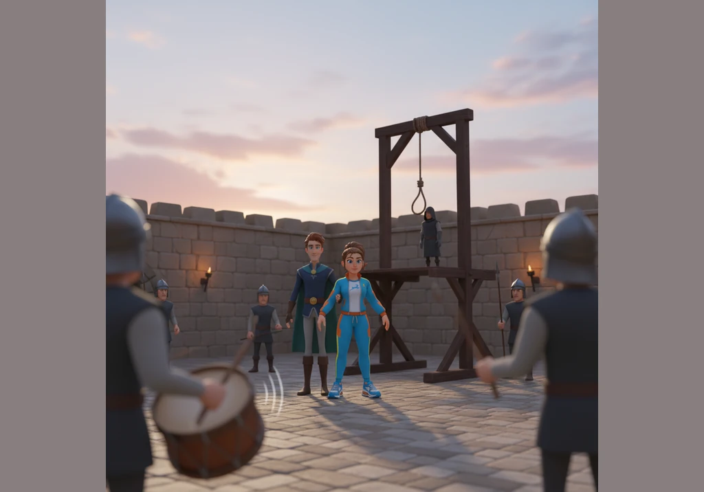 As the first light of dawn touched the sky, they were led out into the courtyard where the tall wooden gallows waited. The air was crisp and cold, and