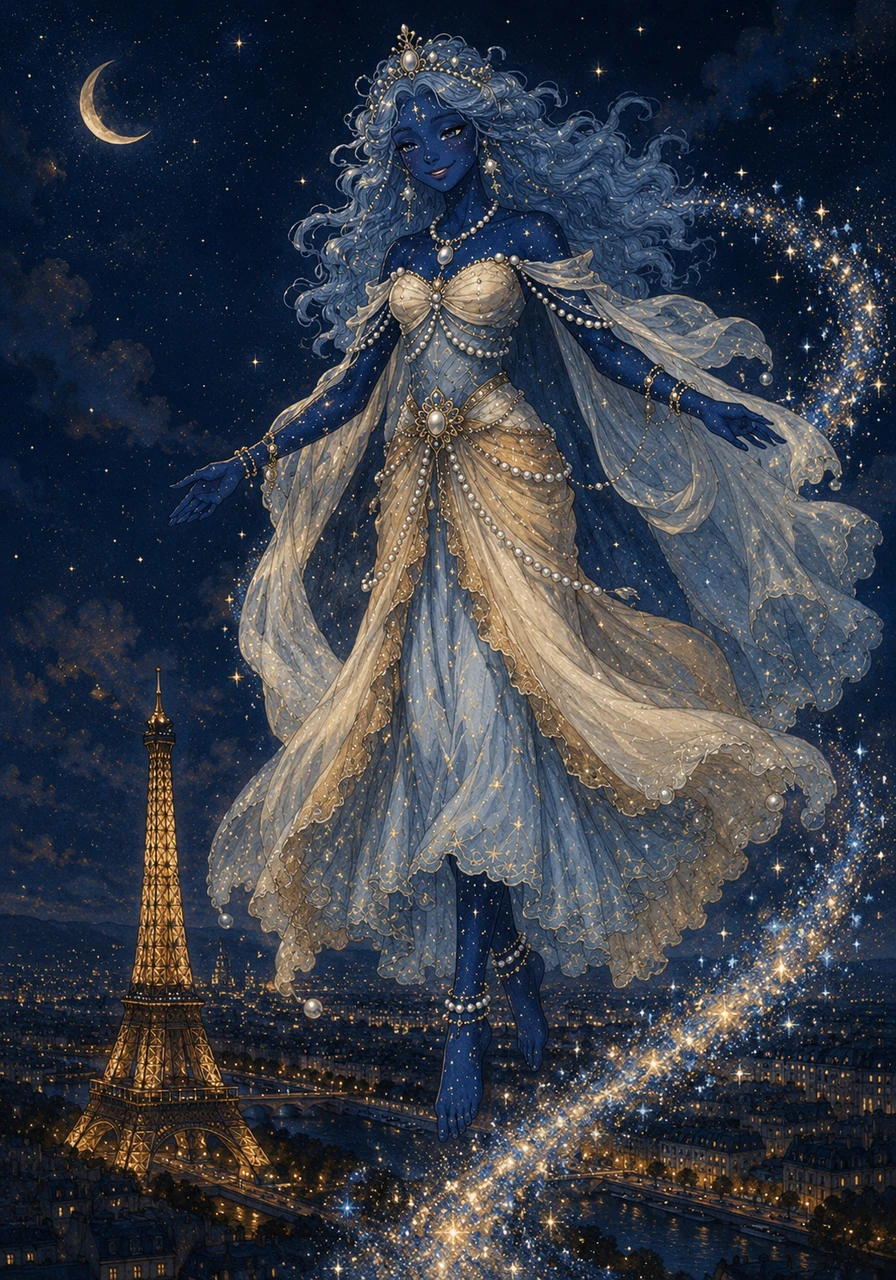 La Principessa Celeste fluttuava alta sopra le guglie della Torre Eiffel, la sua pelle sfumava nel blu scuro della notte parigina e una scia di polvere di stelle la seguiva mentre guardava la città scintillante sottostante.