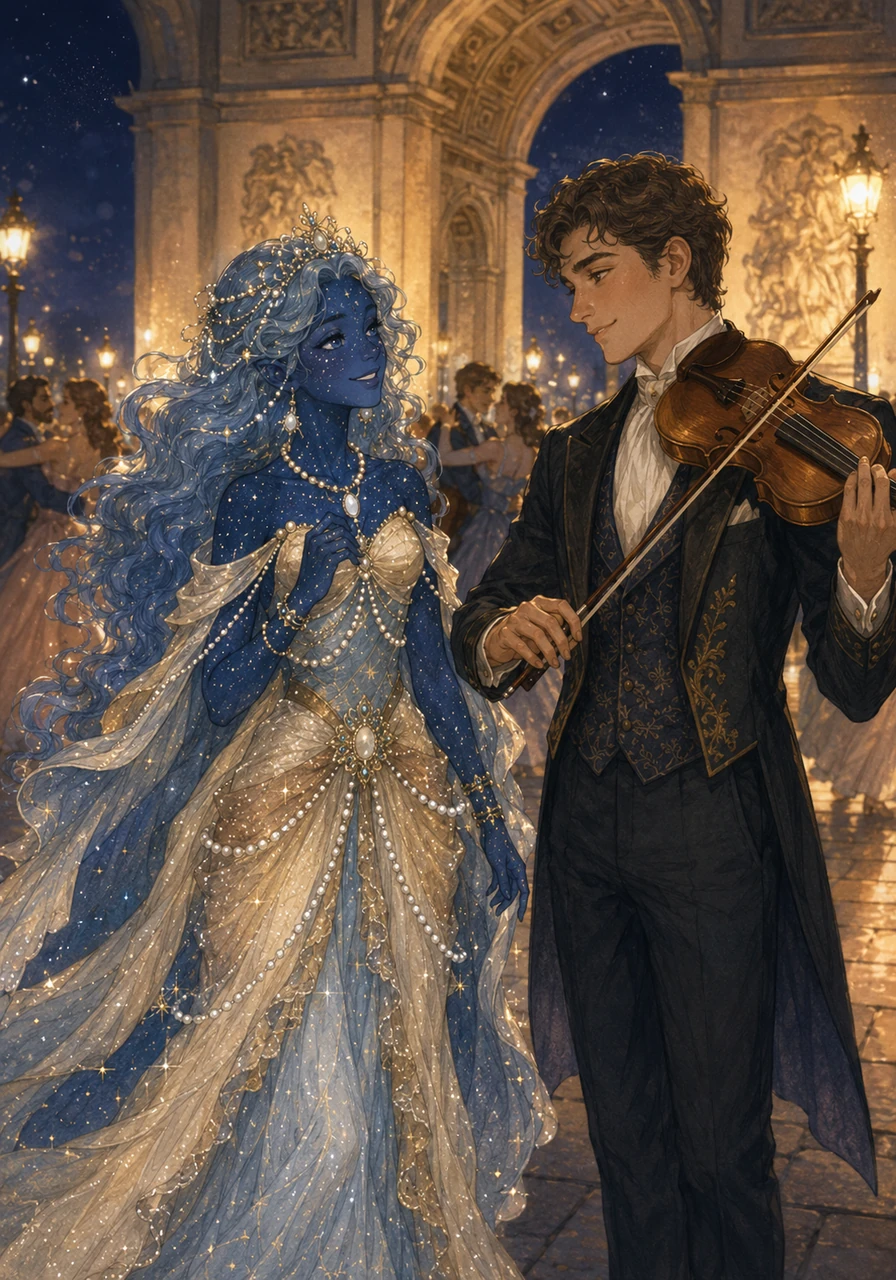 Decisa a trovare il suo vero principe, Celeste scese dolcemente e attraversò l'Arco di Trionfo illuminato, dove coppie eleganti ballavano e un giovane violinista dal sorriso gentile catturò la sua attenzione.