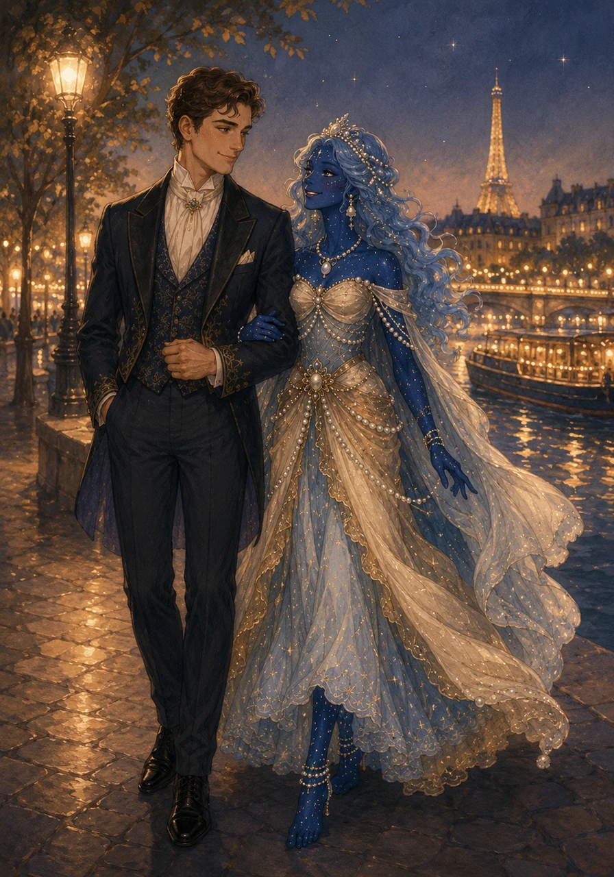 Il Principe Pierre fu subito incantato dalla misteriosa fanciulla che splendeva come una costellazione, e insieme passeggiarono lungo la Senna, le luci della città che si riflettevano sulle acque tranquille e sulle barche illuminate.