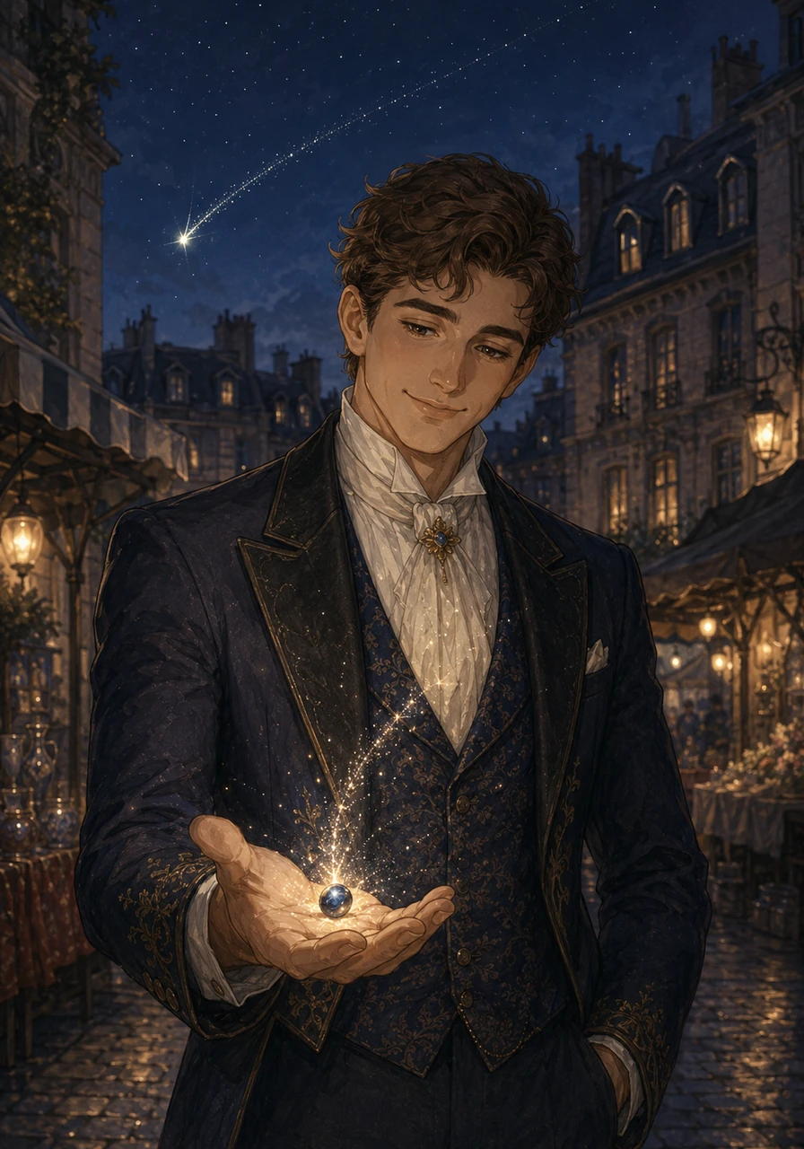 Mentre Pierre vagava per le strade acciottolate e i mercati notturni del Marais, una stella cadente atterrò dolcemente sulla palma della sua mano, trasformandosi in un minuscolo, luccicante pisello blu notte.