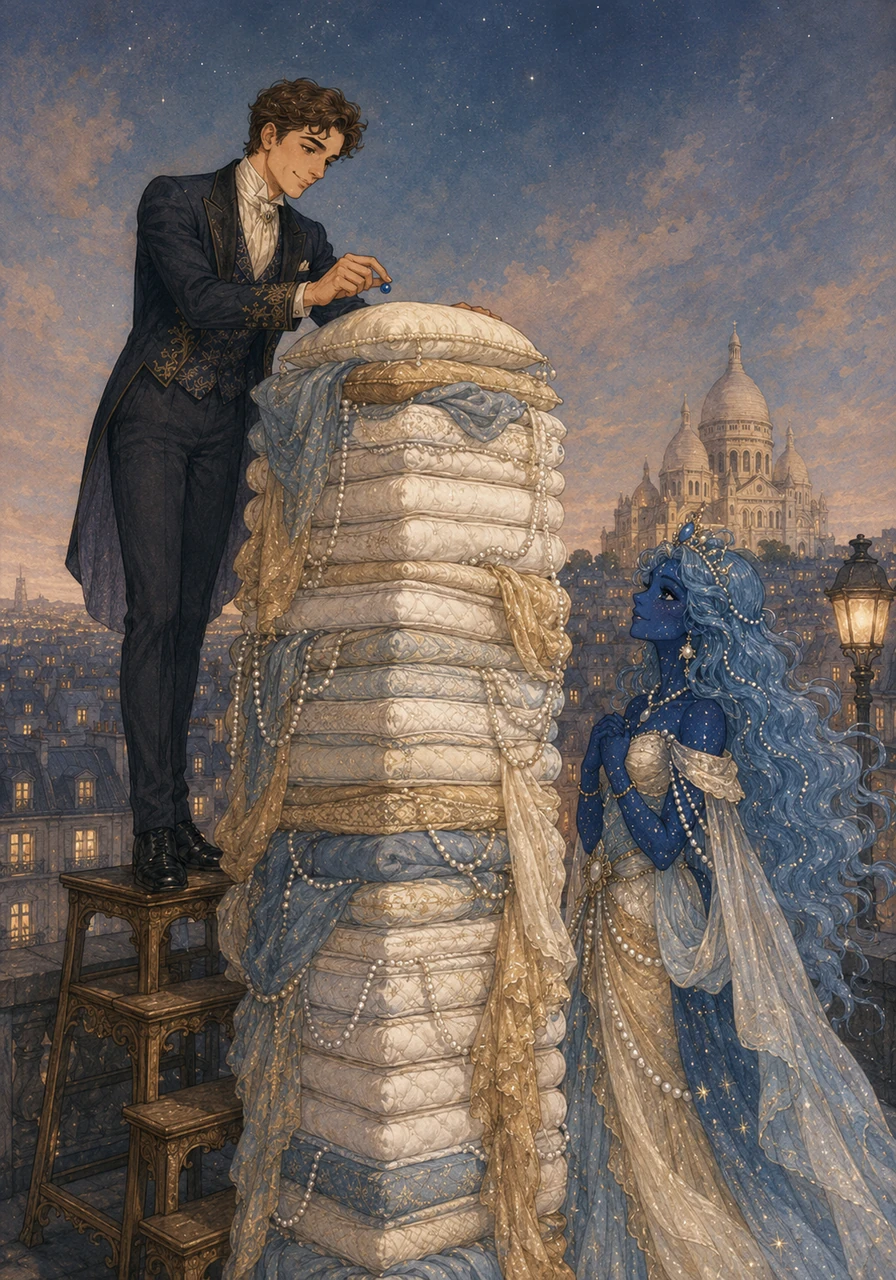 Pierre tornò di corsa da Celeste che lo aspettava in cima a Montmartre, e con cautela posizionò il pisello celeste su una colonna di venti materassi di seta bianca drappeggiati di tessuti preziosi e perle.