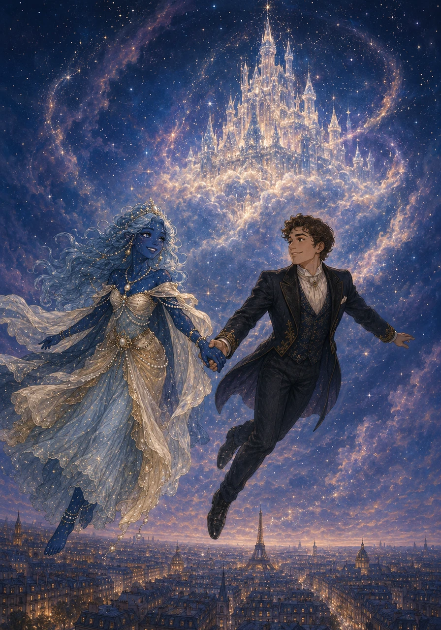 Con un castello nel cielo fatto di nuvole e luce stellare, Celeste e Pierre volarono via sopra il paesaggio parigino, per vivere per sempre tra le stelle che li avevano fatti incontrare.