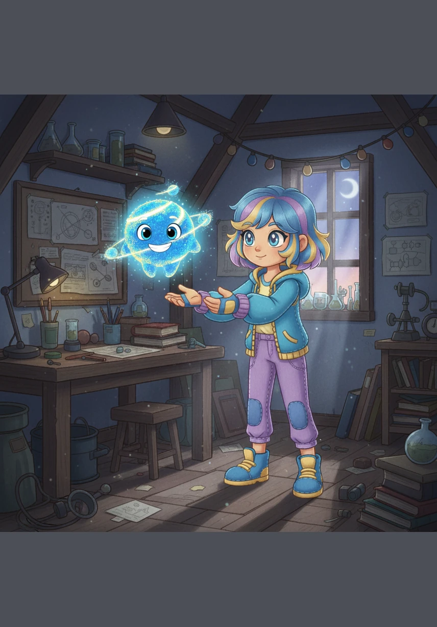 Аяру атасының ескі зертханасын аралап жүріп, үстел үстінде жатқан жұмбақ, жарқыраған шарды тауып алды. Одан шыққан жұмсақ күлгін және көк сәулелер бүкіл бөлмені сиқырлы нұрға бөледі.