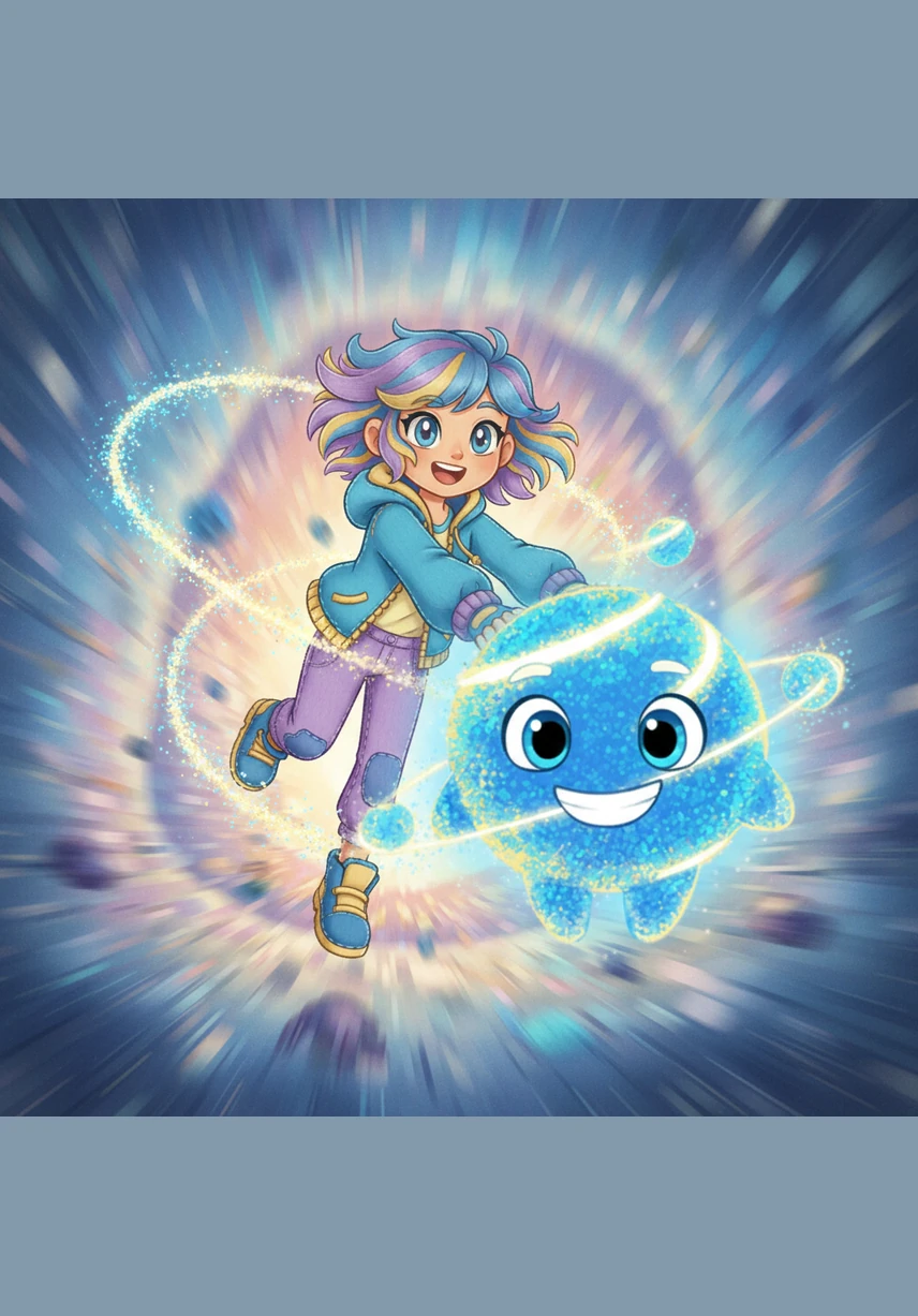 Аяру мен Электрон электрондар ағынымен бірге үлкен жылдамдықпен алға ұмтылды. Айнала ашық көк және сары түстерге боялып, энергияның қуатты лебі сезіліп тұрды.