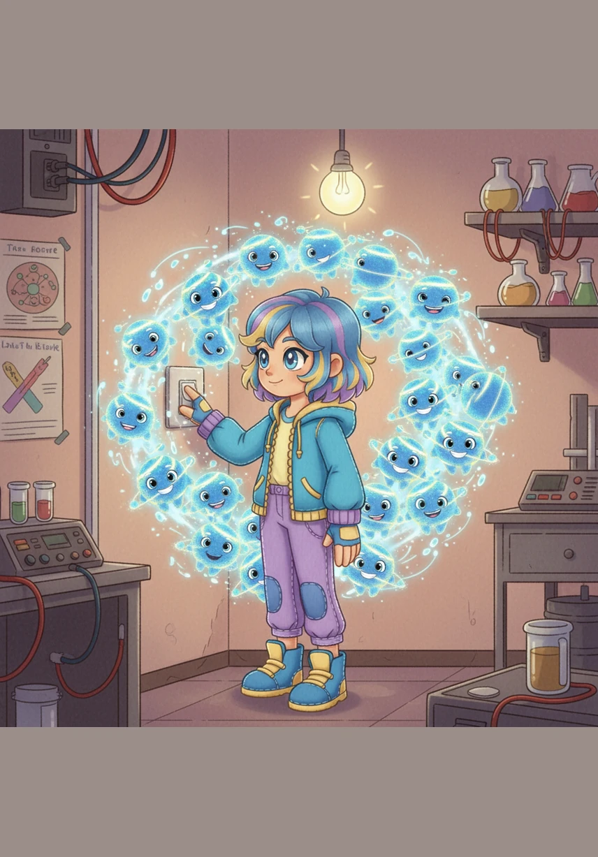 Саяхат аяқталып, Аяру зертханаға қайта оралды. Ол енді қарапайым жарық қосқышын басқан сайын, оның артында кішкентай электрондардың үлкен еңбегі тұрғанын білетін болады.