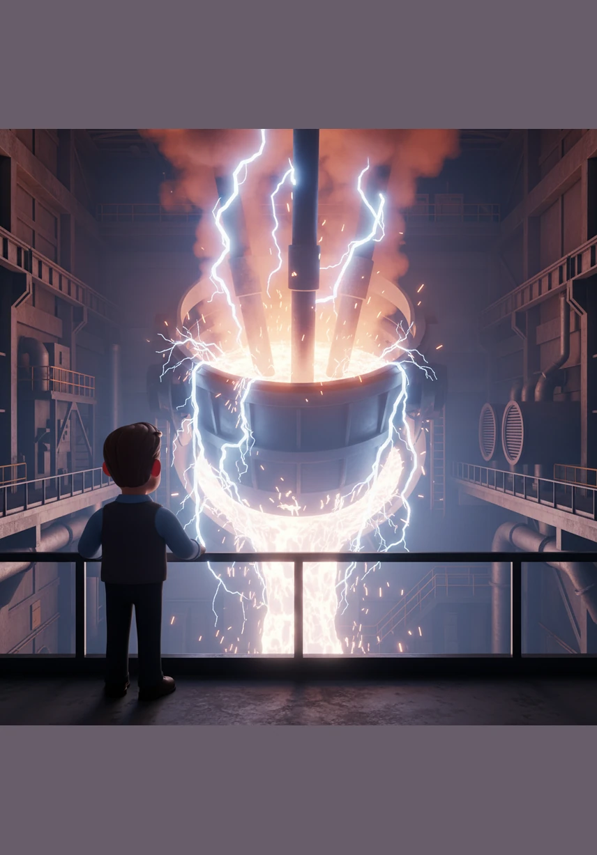 The scene shifts to a massive Electric Arc Furnace where lightning-like energy surges through giant electrodes. Ethan watches from a safe distance as the intense heat turns solid metal into a roaring, white-hot river of liquid fire.