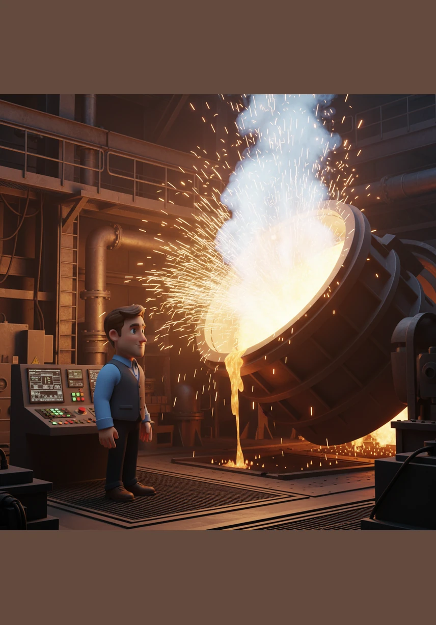 In the refining stage, Ethan monitors the Argon Oxygen Decarburization vessel where impurities are purged. Swirls of gas and molten sparks dance together as the steel is purified to reach its legendary durability.