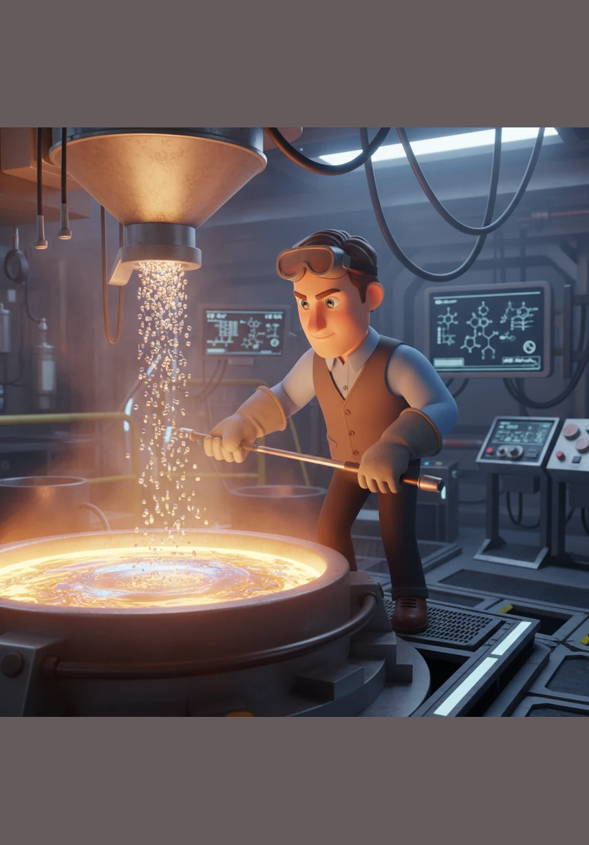 Ethan carefully oversees the addition of precious alloys, adjusting the chemistry to ensure the steel will never rust or fade. The liquid metal glows with a brilliant intensity, reflecting the precision and science behind the recipe.