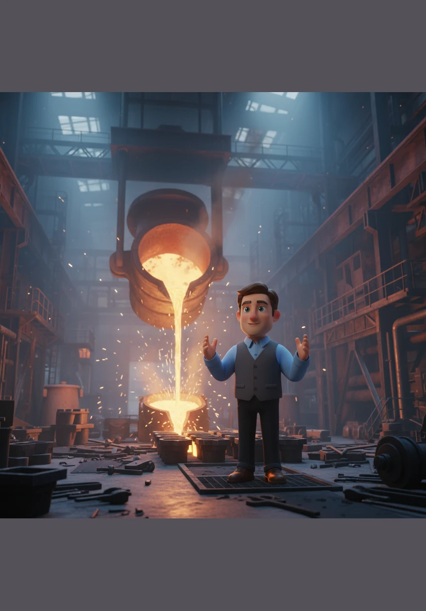 The molten steel is poured into a continuous casting machine, transforming from a liquid stream into solid, glowing slabs. Ethan walks alongside the cooling metal as it begins its long transition into a versatile industrial form.