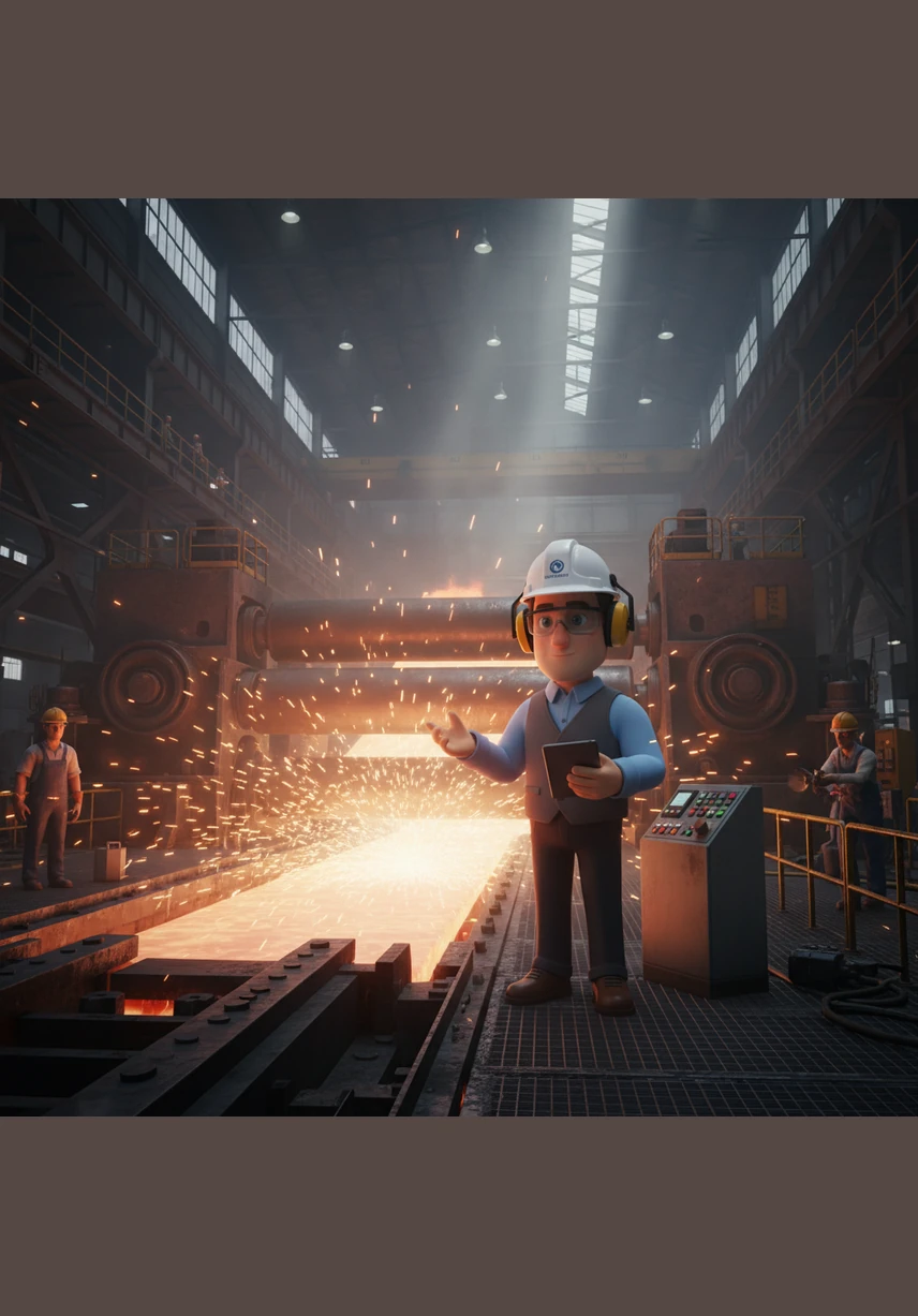 Huge rollers press down on the heated slabs in the hot rolling mill, stretching the metal into long, fiery ribbons. Ethan observes the sheer power of the machinery as it shapes the steel with rhythmic, thunderous force.