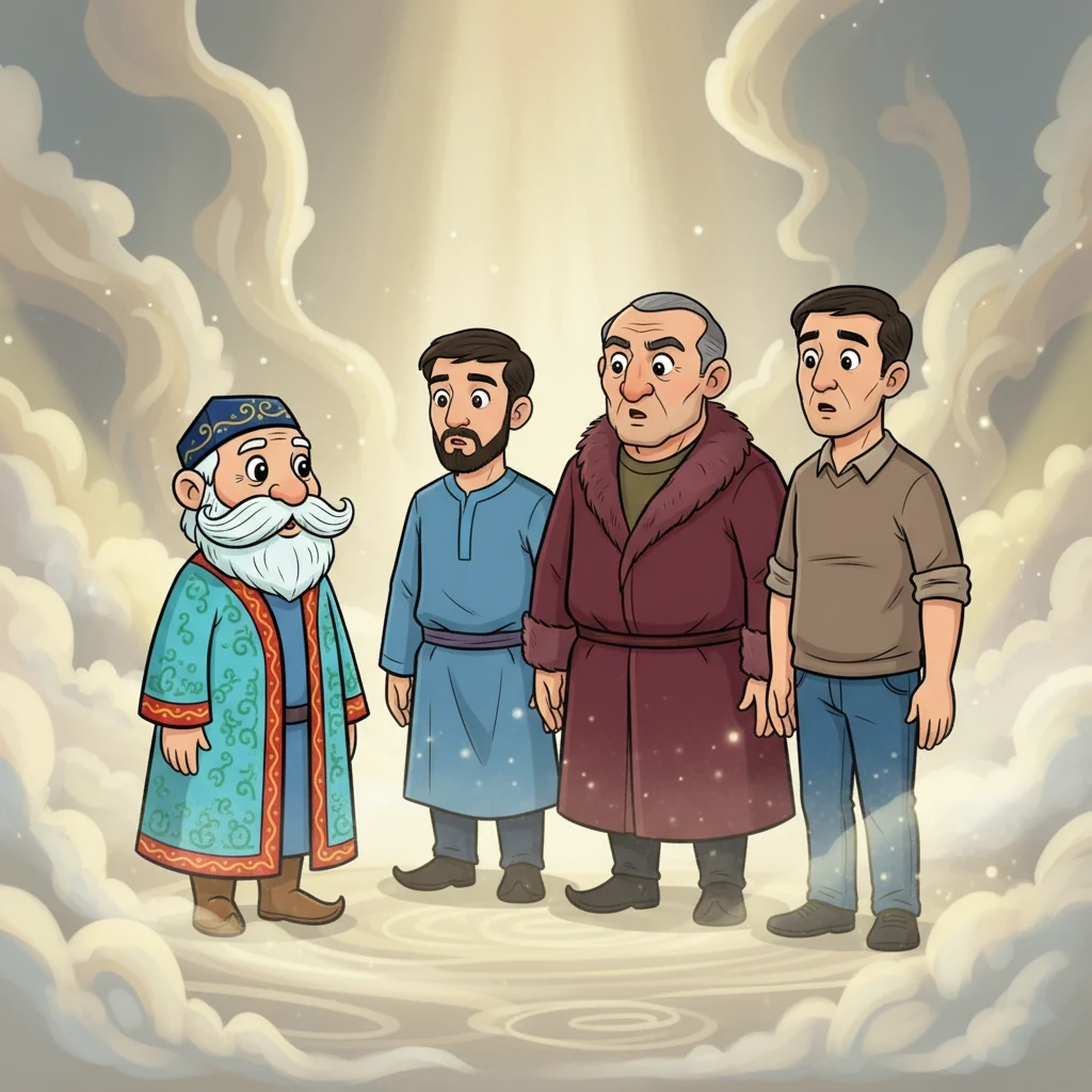Жарық пен тұман арасында Имаш, Сәрсенбай, Қайраттың әкесі және қазіргі әке пайда болды. Олар бір-біріне таңдана қарап, бұл жұмбақ кеңістікке қалай келгендерін түсінбей тұр.