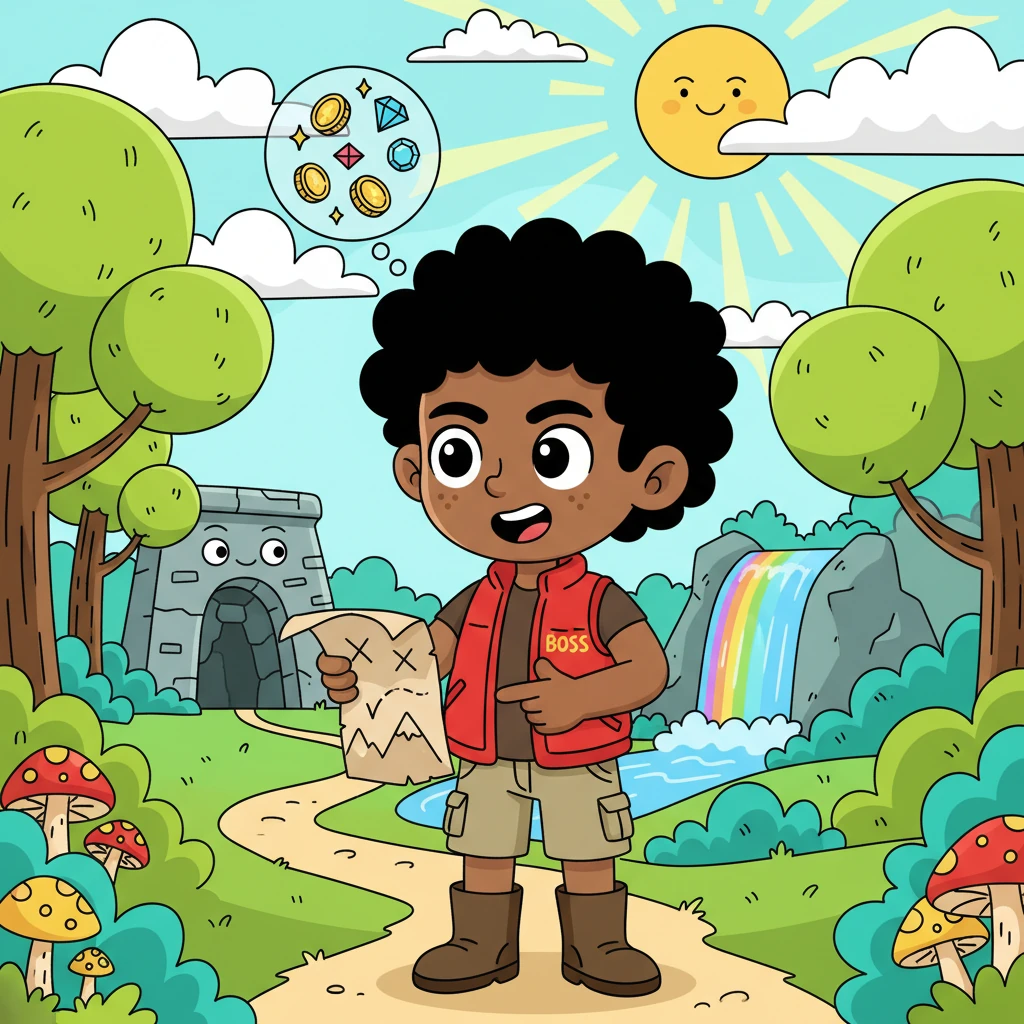 Isaiah, a seven-year-old with a determined look, set off on a treasure hunt in his vibrant world. Armed with a map drawn on a crumpled piece of paper, he imagined the riches he would find. His name, 'Boss,' reflected his leadership and playful spirit.