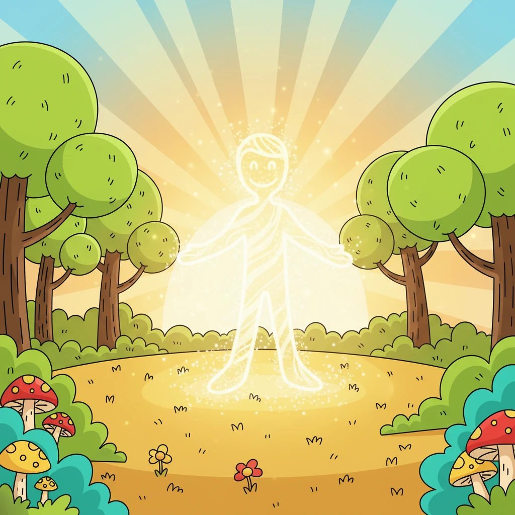 Following the map, Isaiah stumbled upon a hidden clearing bathed in golden light. There, in the center, he found a radiant figure of pure love and light. This was God, his ultimate treasure.