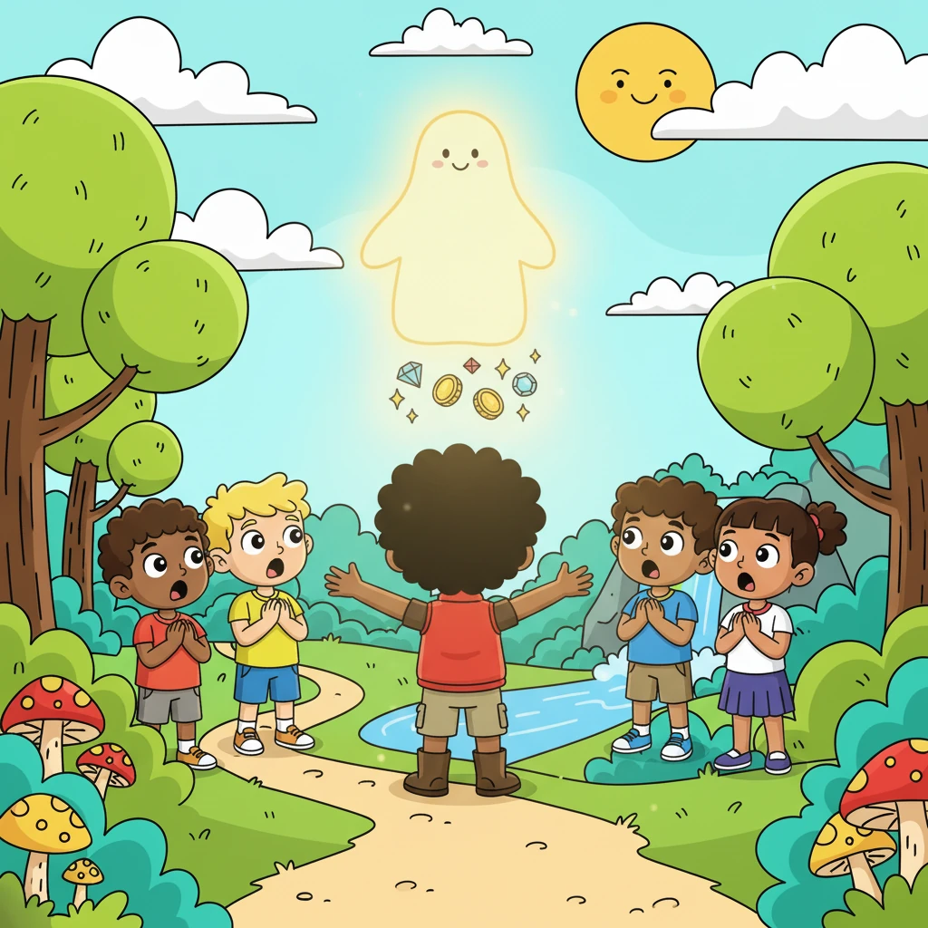 Isaiah led his friends back to the clearing, where God awaited. He explained that God was his greatest treasure, the source of all good things. His friends looked on in awe.