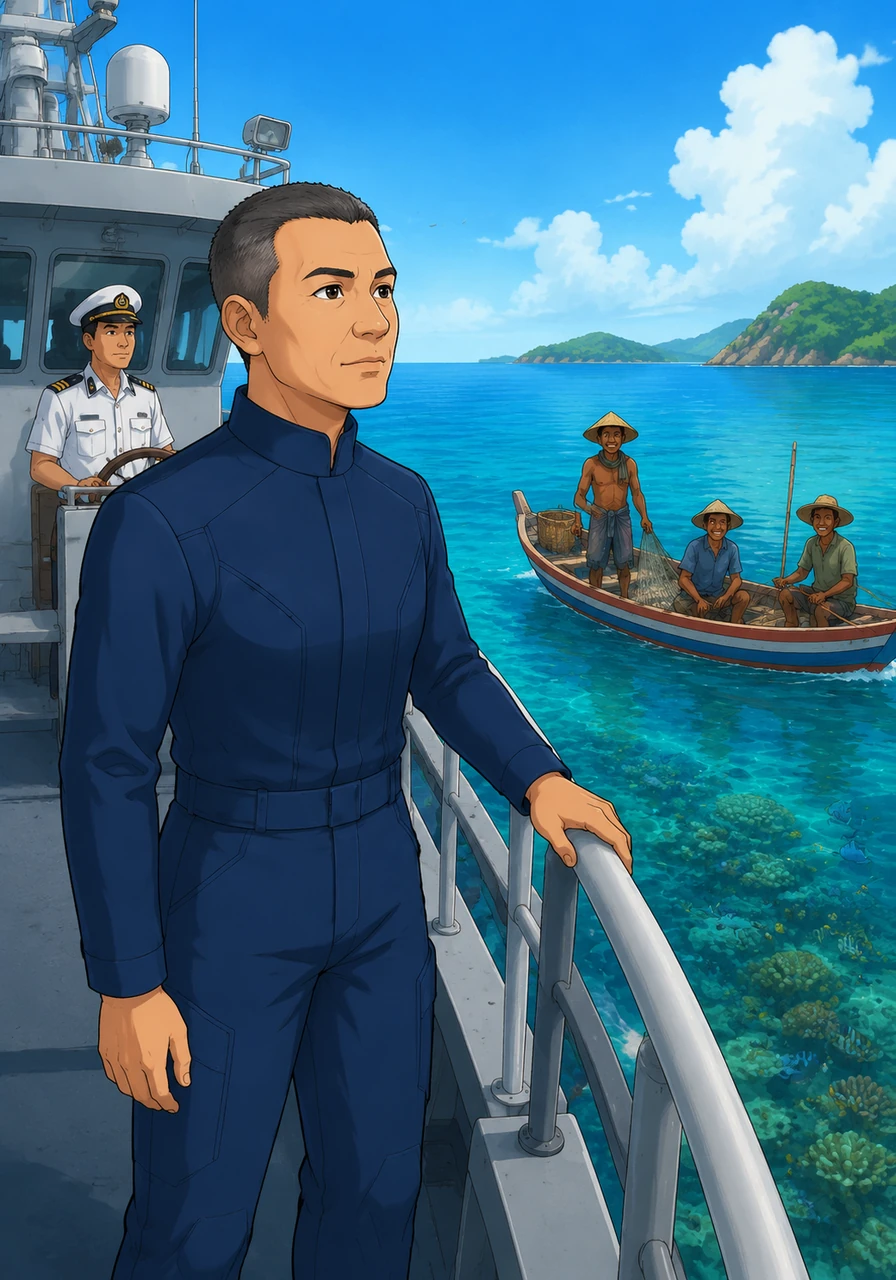 Bintang stood on the deck of the maritime patrol vessel, looking out over the pristine, turquoise waters of the Natuna Sea. As a passionate marine biologist and conservation officer, he knew these waves hid some of the richest biodiversity on Earth, providing food and livelihoods for millions of Indonesian fishermen.