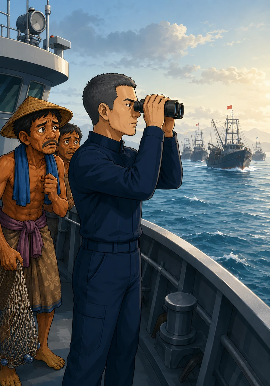 The peace of the morning was shattered when the ship's radar picked up a cluster of unidentified targets deep within Indonesia's Exclusive Economic Zone. Bintang peered through his binoculars and spotted large, steel-hulled foreign trawlers operating without authorization, their flags identifying them from distant ports across the South China Sea.