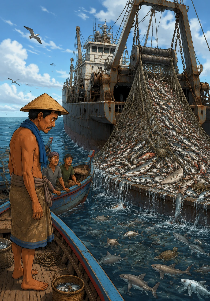 The foreign vessels were deploying massive, destructive trawl nets that scraped the ocean floor, indiscriminately capturing everything in their path. Bintang watched with a heavy heart as thousands of tons of fish, including endangered species and juvenile marine life, were hauled illegally out of Indonesian waters.