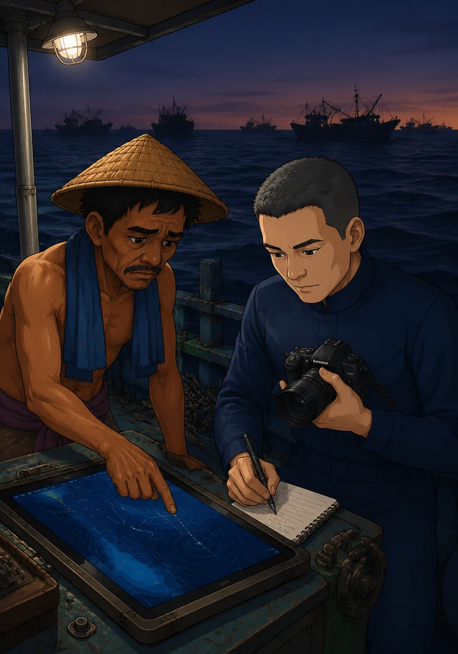 Under the cover of dusk, the illegal fleet attempted to evade detection by turning off their Automatic Identification Systems, turning into ghostly silhouettes on the water. Bintang worked closely with the ship's captain to document the coordinates and gather undeniable photographic evidence of the sovereign maritime breach.