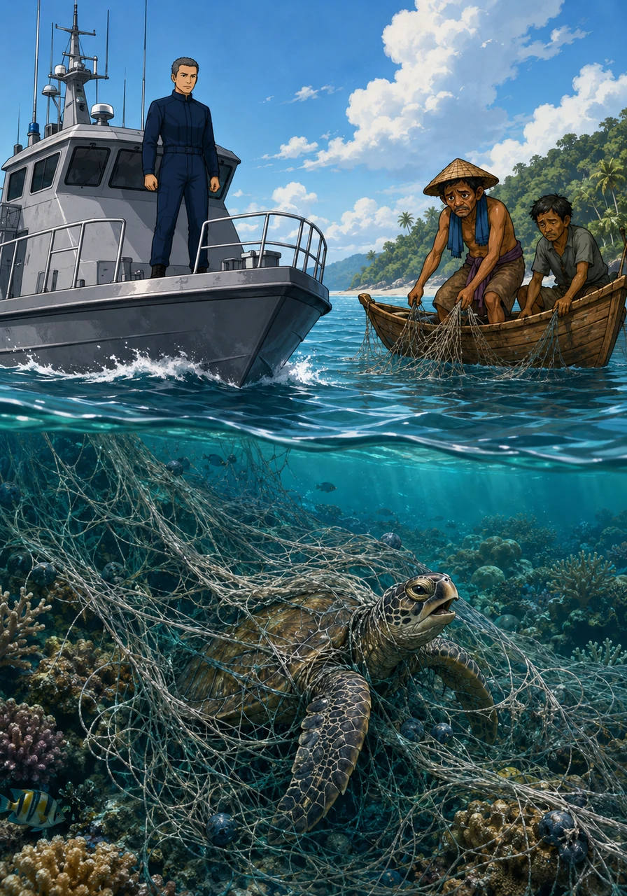 As the patrol boat closed the distance, the scale of the ecological damage became painfully clear as abandoned ghost nets drifted through the water, tangling up coral reefs and trapping sea turtles. This illegal exploitation was rapidly depleting the local fish stocks, leaving the traditional wooden boats of local Indonesian fishermen empty and desperate.
