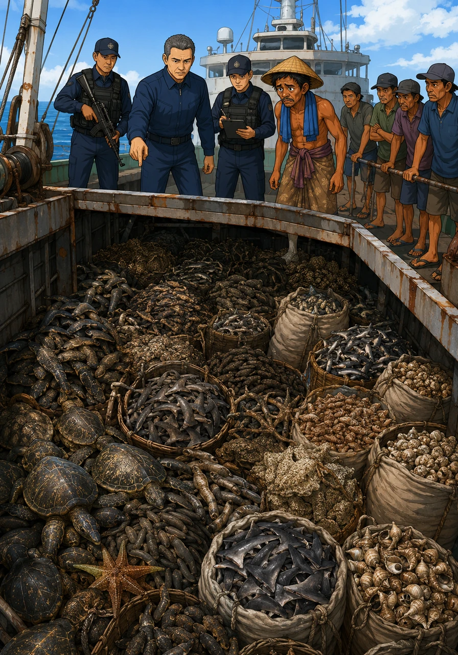With precision and bravery, the maritime law enforcement team executed a textbook interception, safely boarding the lead vessel to enforce national sovereignty. Bintang accompanied the officers to inspect the hold, discovering thousands of tons of illegally harvested marine resources hidden beneath the decks.