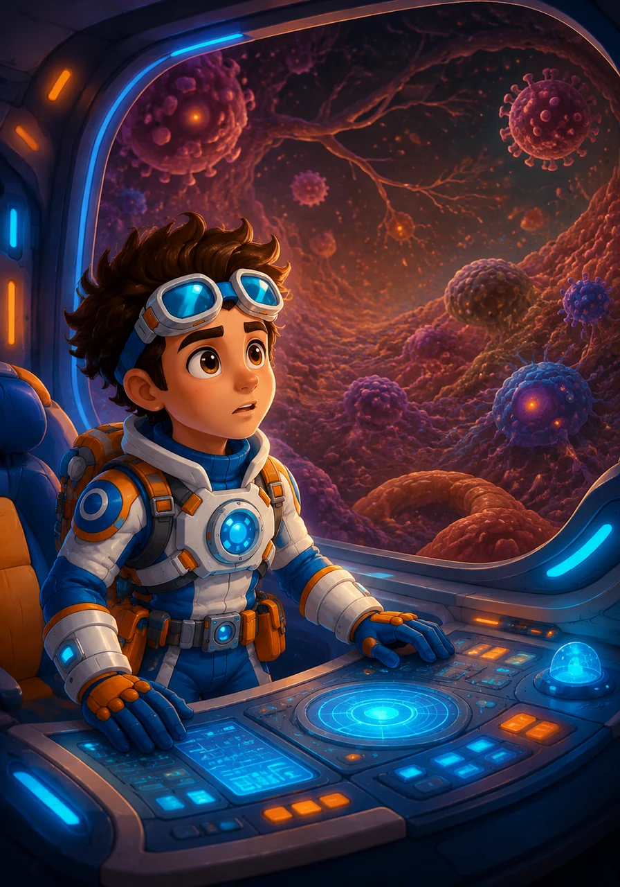 Deep within the bustling microscopic metropolis of the human body, Leo the Bio-Explorer marvels at the intricate networks of living cells. Suddenly, a dimming light signals that the inner world is running low on vital energy, prompting Leo to seek out the legendary Invisible Guardians. He prepares his quantum sub-shuttle to venture into the deep biochemistry of life.