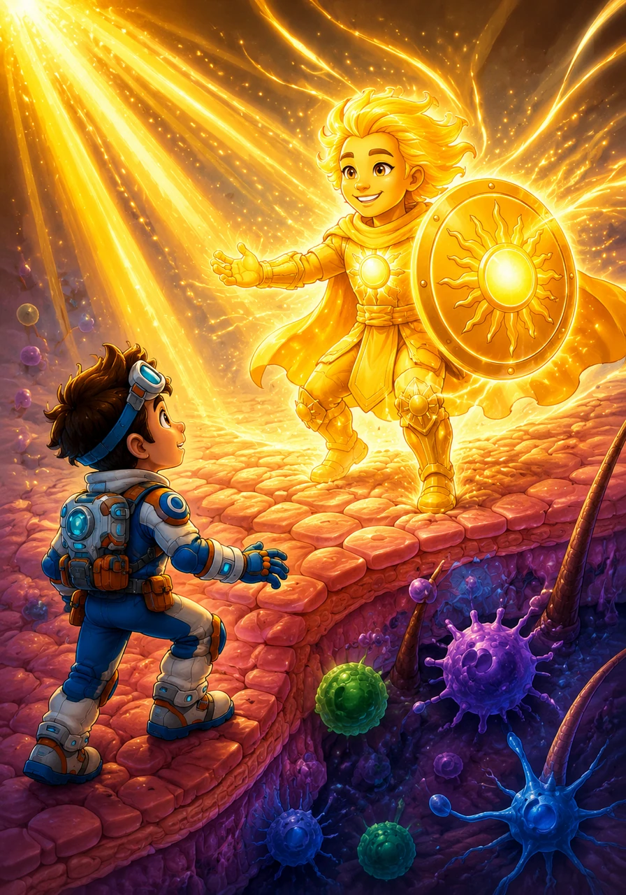 Leo ascends to the topmost layers of the skin, where golden beams of sunlight crash against the cellular surface like cosmic waves. Here, a radiant spirit named Dee emerges from the warmth, absorbing the solar rays and transforming into a glowing shield of defense. Dee smiles, ready to fortify the bones and ignite the body's natural immunity.