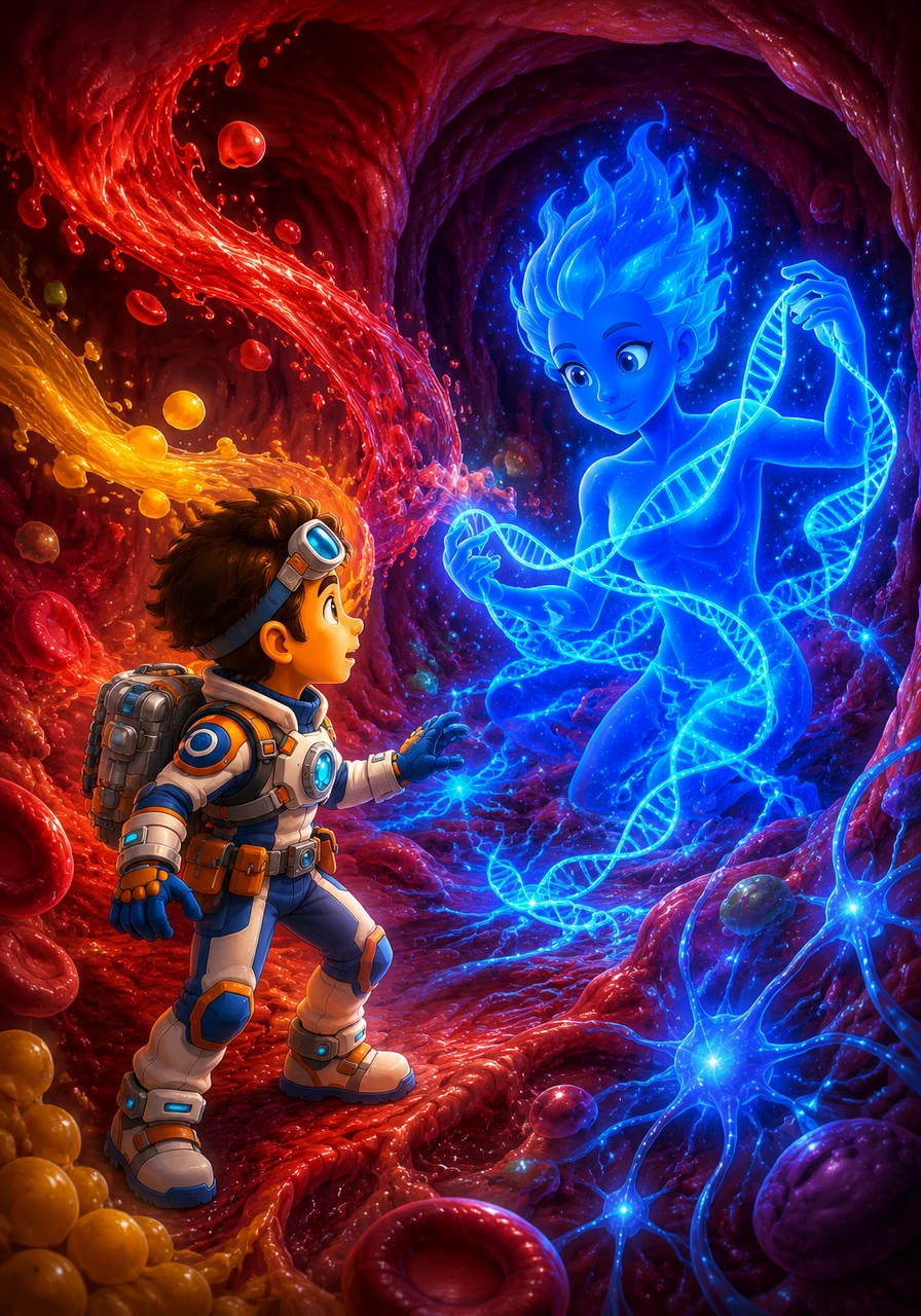To find the second guardian, Leo plunges into the dark, swirling depths of the digestive cavern, navigating past massive nutrient currents. In the deepest shadows of the crimson pathways, a brilliant cobalt-blue entity named Beetwelve awakens from her slumber. She gently weaves glowing threads of genetic code, ensuring the nervous system stays perfectly aligned and vibrant.