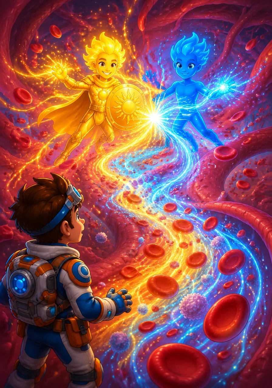 With both guardians awakened, Leo watches as Dee and Beetwelve join forces at the crossroads of the bloodstream. Together, they unleash a mesmerizing cascade of bio-luminescent energy that flows through every artery like a majestic river of starlight. The once-sluggish cells begin to dance, revitalized by the harmonious presence of the vital duo.