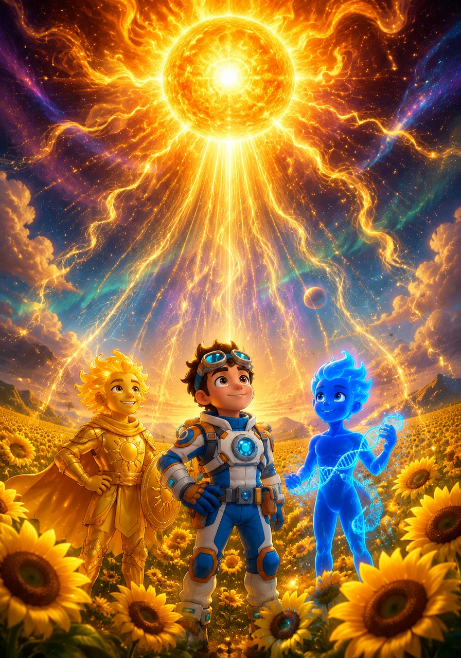 The journey takes Leo outside the body to witness the cosmic origins of these inner heroes, starting with the blazing sun high above a field of wild sunflowers. The sun acts as the ultimate forge, sending invisible packets of vitality down to earth to replenish the world's supply of Dee. It is a timeless dance between the solar sky and living skin.