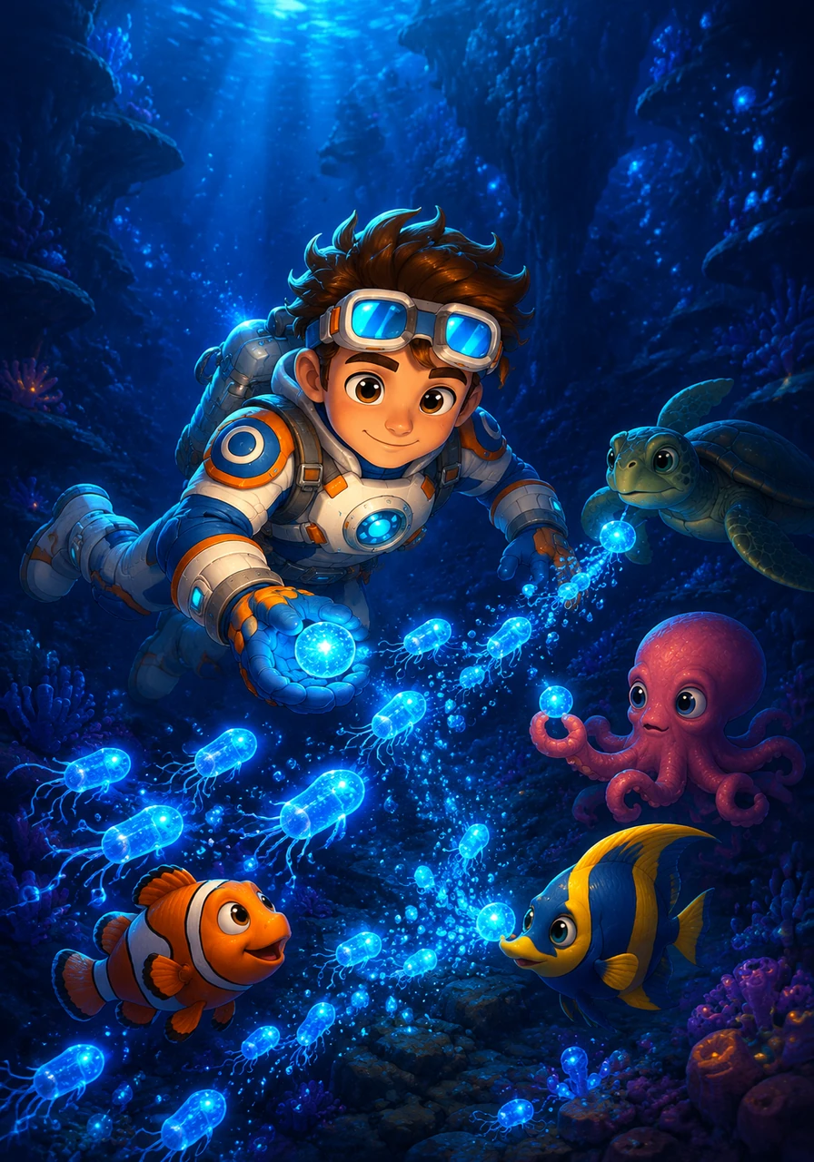 Next, Leo dives deep into the sapphire abysses of the great ocean, where ancient micro-organisms whisper secrets of the Earth's beginnings. Here in the dark waters, specialized bacteria synthesize the rare cobalt treasure that becomes Beetwelve, passing it along to the vibrant marine life. The ocean depths hold the very foundation of this essential life force.