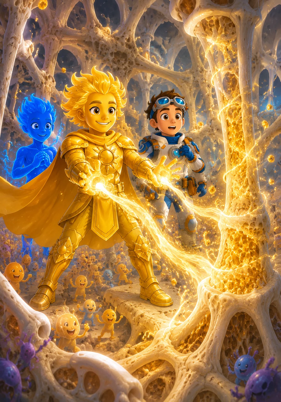 Returning to the inner landscape, Leo witnesses Dee marching into the marrow of the grand bone fortresses. With a sweep of his golden hands, Dee commands calcium minerals to bind together, turning brittle scaffolding into unbreakable pillars of strength. The skeletal kingdom rejoices as its foundations become solid and resilient once more.