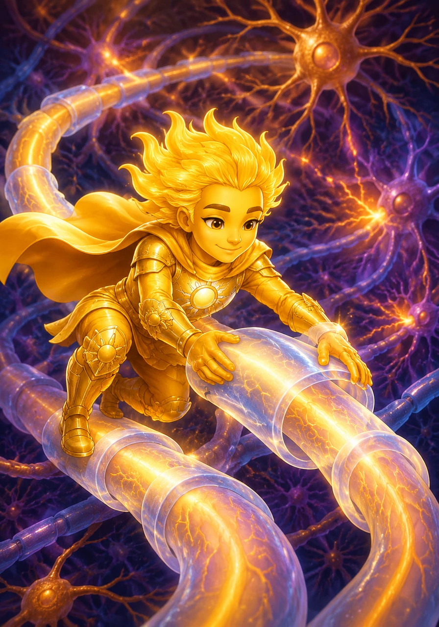 Meanwhile, Beetwelve glides along the vast neural highways, wrapping delicate nerve fibers in a protective, gleaming myelin sheath. Her touch prevents the chaotic sparks of stress from causing short circuits, ensuring that thoughts and movements travel at the speed of light. She is the quiet protector of the body's brilliant mind.