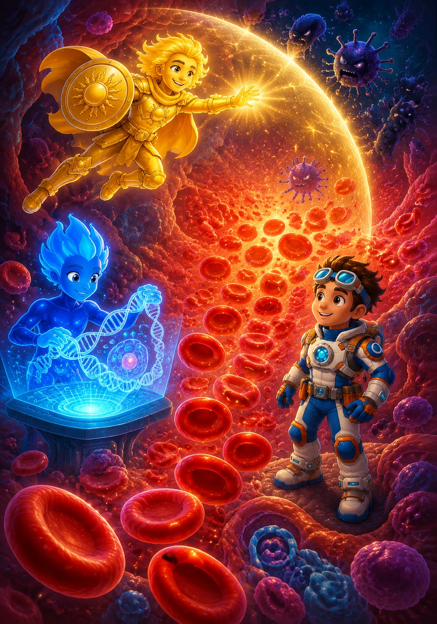 A grand celebration erupts in the cellular heartland as millions of red blood cells are born, perfectly formed and bursting with oxygen thanks to Beetwelve's careful blueprints. Dee flies overhead, showering the newly minted cells with a protective aura that wards off malicious pathogens. The entire biological universe breathes a collective sigh of synchronized relief.