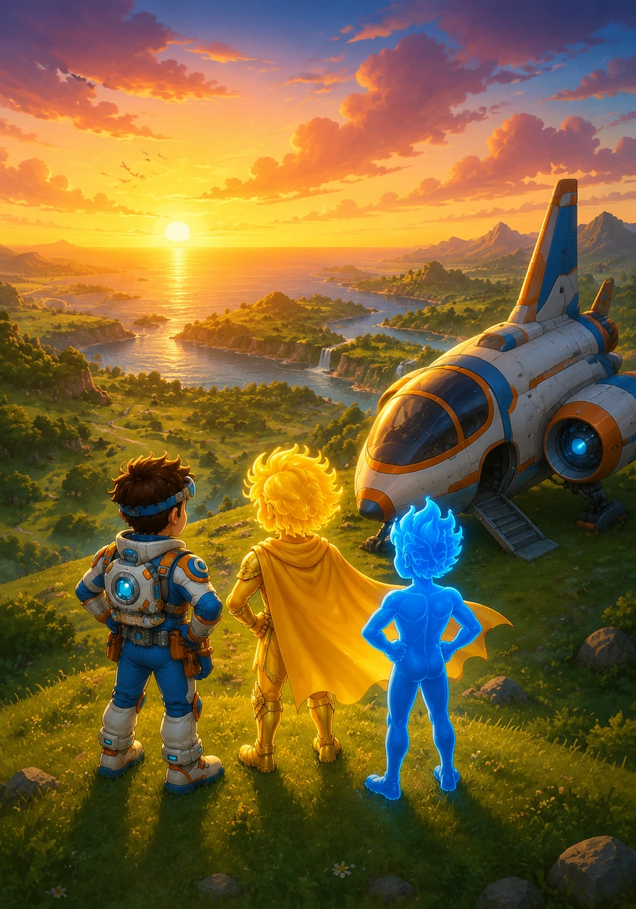 Leo lands his shuttle on a peaceful hill at sunset, looking out at a world nourished by the sun, the sea, and the food we share. Inside us all, the Invisible Guardians continue their silent, eternal watch, turning everyday nourishment into extraordinary life. The grand cinematic cycle of health and harmony flourishes, beautifully unbroken.