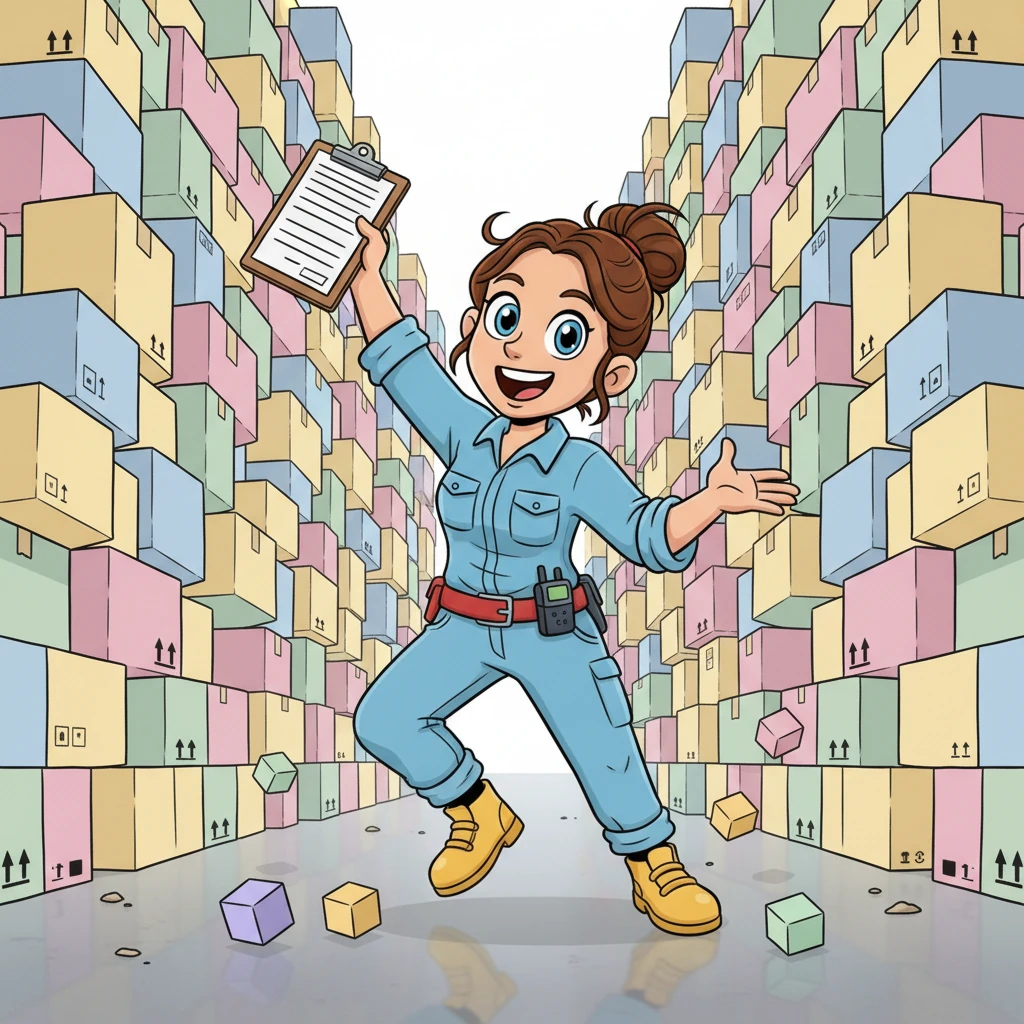 Penny the Planner zoomed into the enormous warehouse, her clipboard held high. Brightly colored boxes stacked like mountains filled every corner, representing a whopping twelve thousand items! Penny grinned, ready for a day of exciting organization.