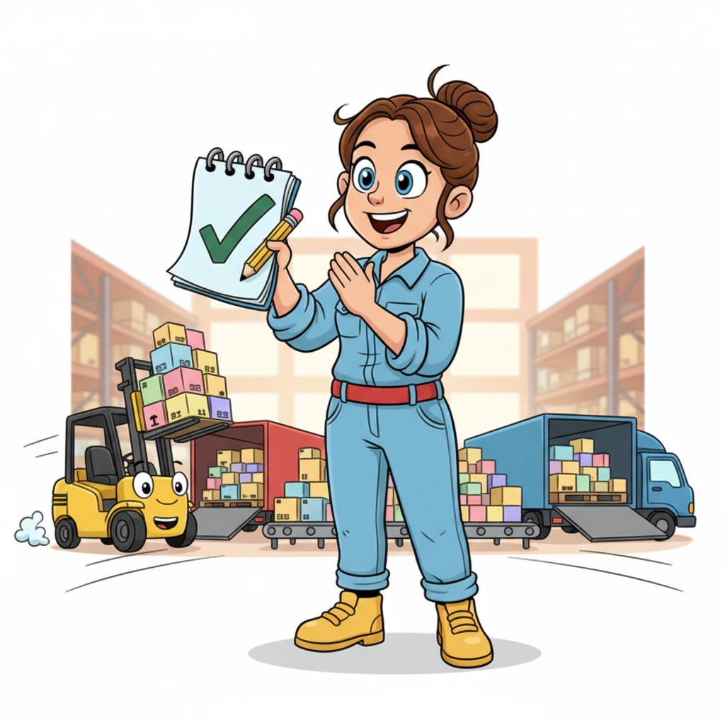 Suddenly, a flurry of activity began! Speedy forklifts whizzed by, carefully loading three thousand four hundred fifty items onto waiting trucks. Penny clapped her hands, marking each outgoing box with a happy checkmark on her giant, bubbly notepad.