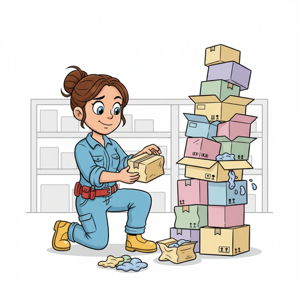 Oh no! Penny spotted a wobbly stack of boxes. With a gentle peek, she discovered two thousand eight hundred seventy-five items were a little squished and damaged. She carefully set them aside, her brow furrowed slightly, but her spirit still bright.