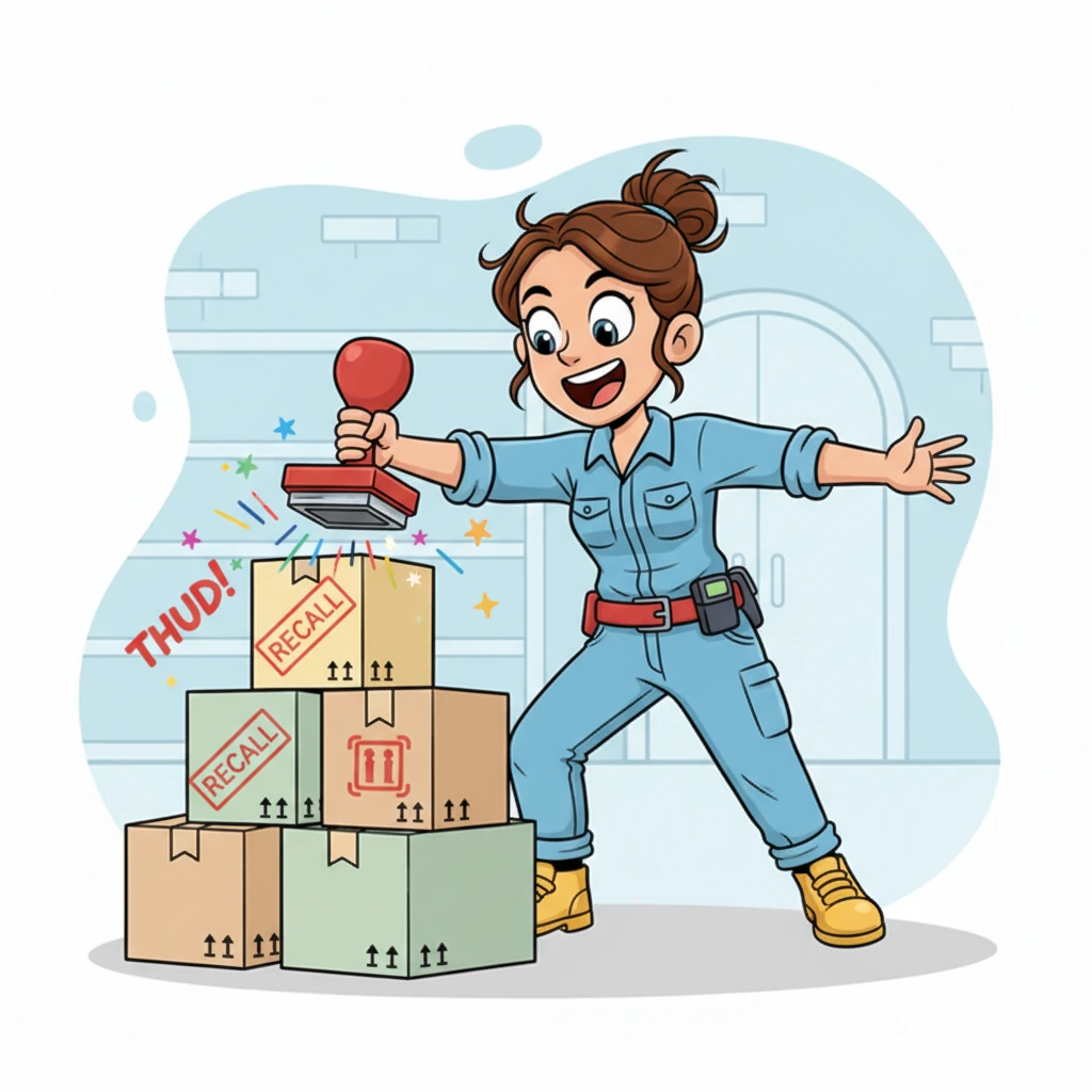 Next, a special announcement arrived! One thousand two hundred thirty items needed to be sent back. Penny, with her trusty 'recall' stamp, bopped each box with a playful thud, ensuring they were ready for their journey home.